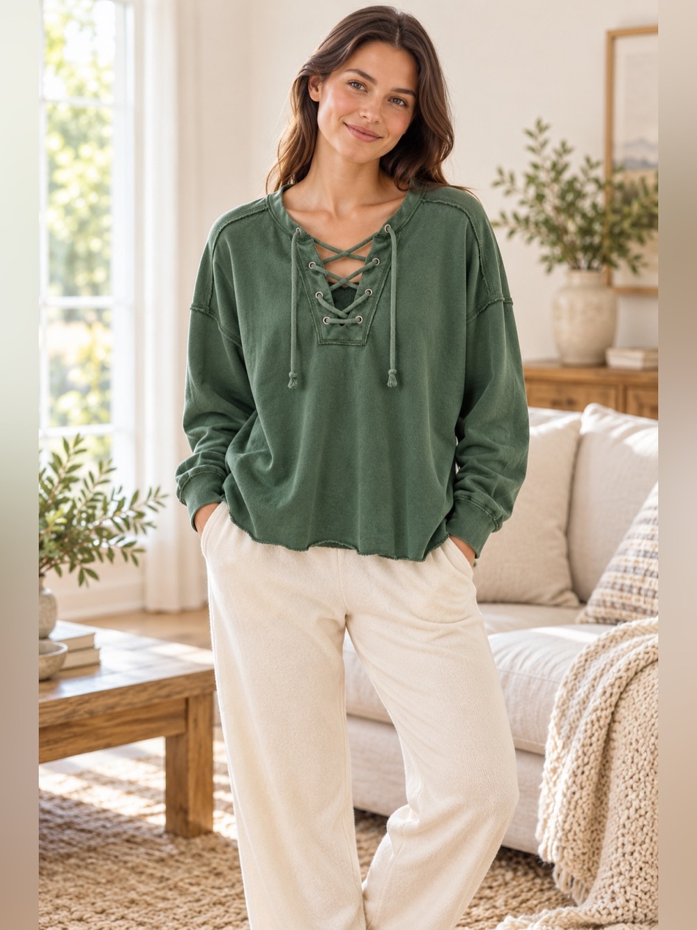 Aerie Lace-Up V Neck Sweatshirt Raw Hem Green Loungewear Cozy Comfy Large